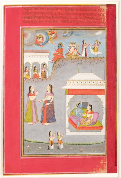 Labdhapraudha Nayika: Lovers in a Pavilion, Kama, Brahma and Sarasvati Above, 1750 by Kassam